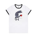 Wake Up, Coffee Rabbit Women's AS Colour Ringer Tee White Black Womens Ringer T-shirt animal Coffee Printed In Australia
