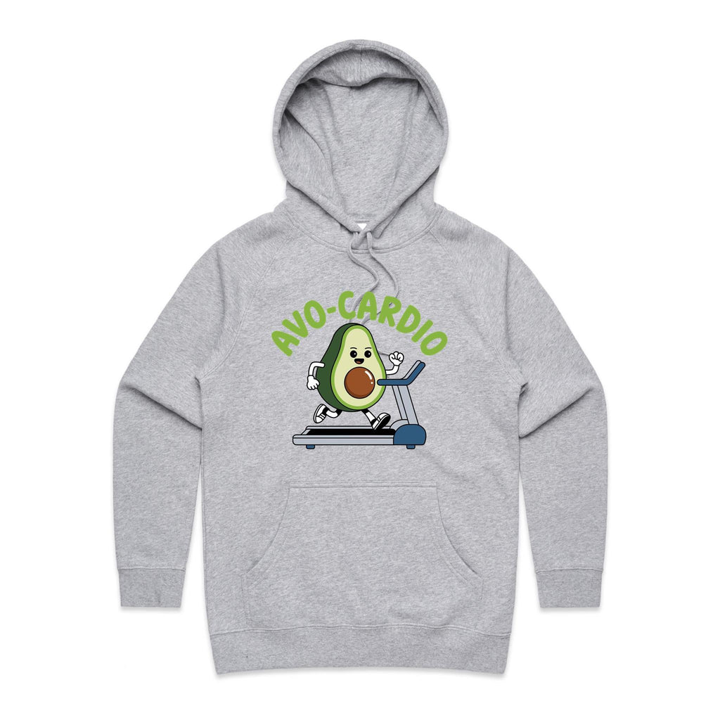 Avo-Cardio, Avocado Treadmill - Womens Hoodie Grey Marle Womens Hoodie Fitness Food Printed In Australia
