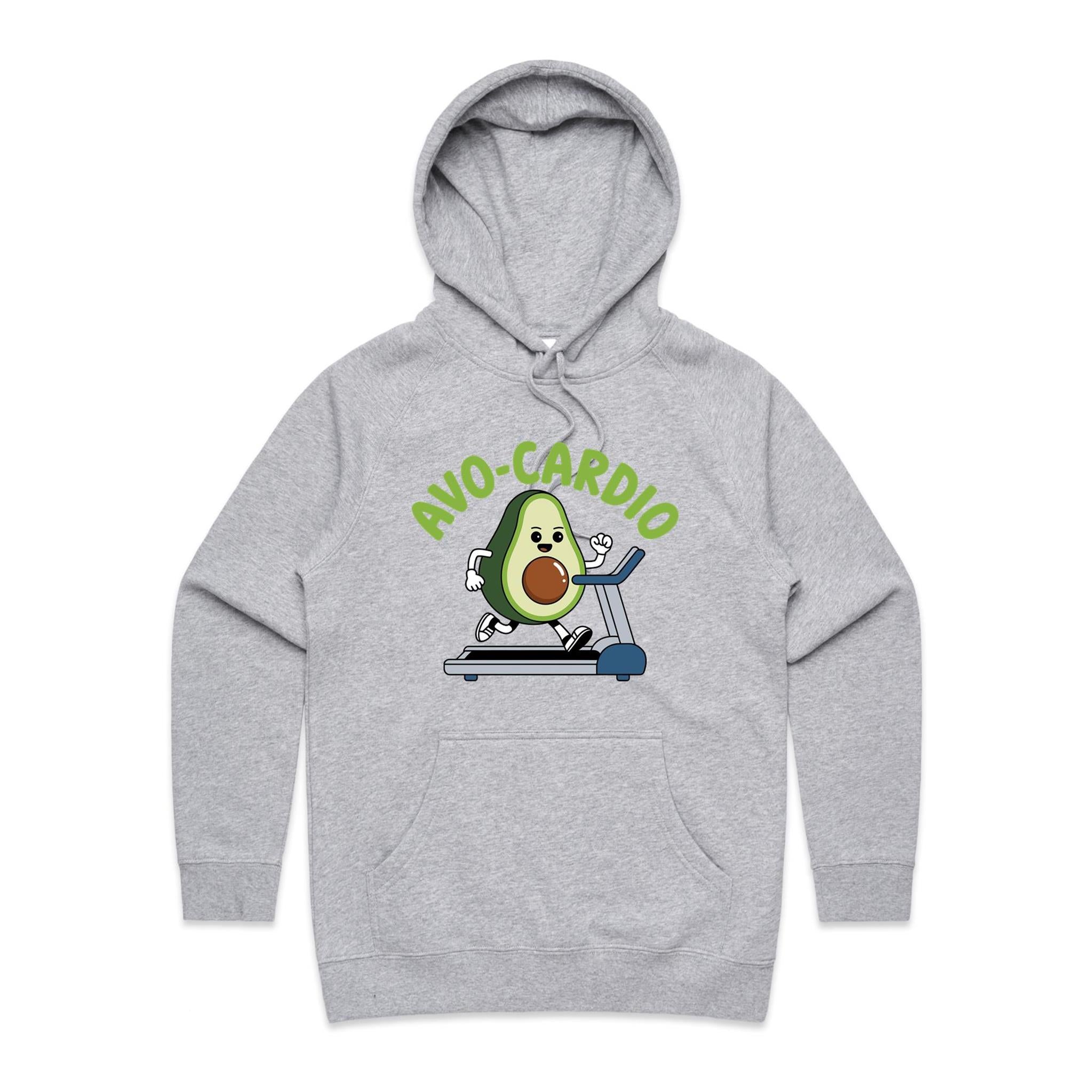 Avo-Cardio, Avocado Treadmill - Womens Hoodie Grey Marle Womens Hoodie Fitness Food Printed In Australia