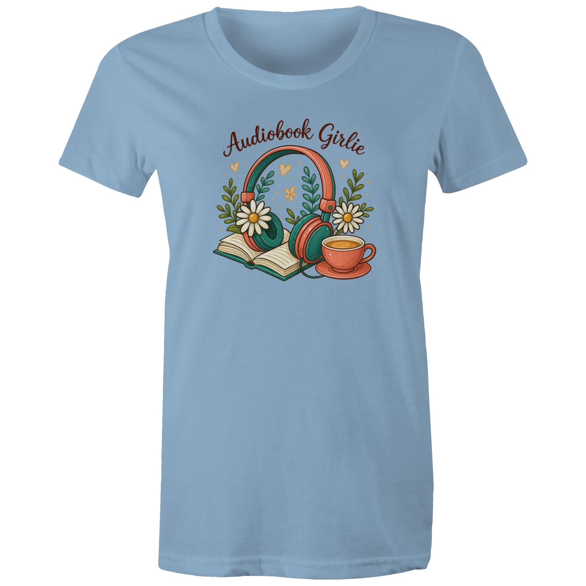 Audiobook Girlie - Womens T-shirt Carolina Blue Womens T-shirt Printed In Australia Reading