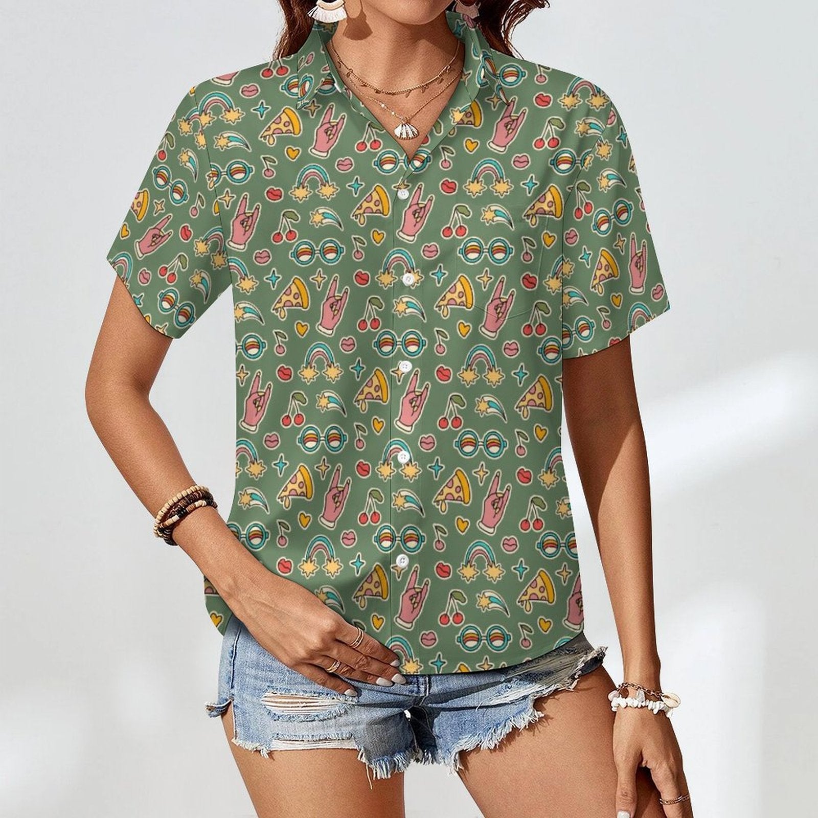 Groovy Retro Women's Short-Sleeve Button Up Shirt