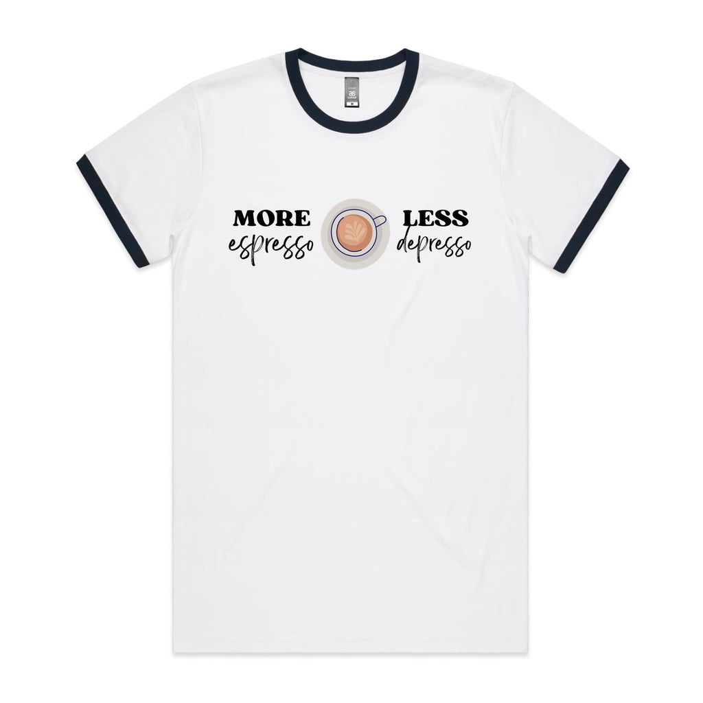 More Espresso, Less Depresso - Staple Ringer Tee White Navy Ringer T-Shirt Coffee Printed In Australia