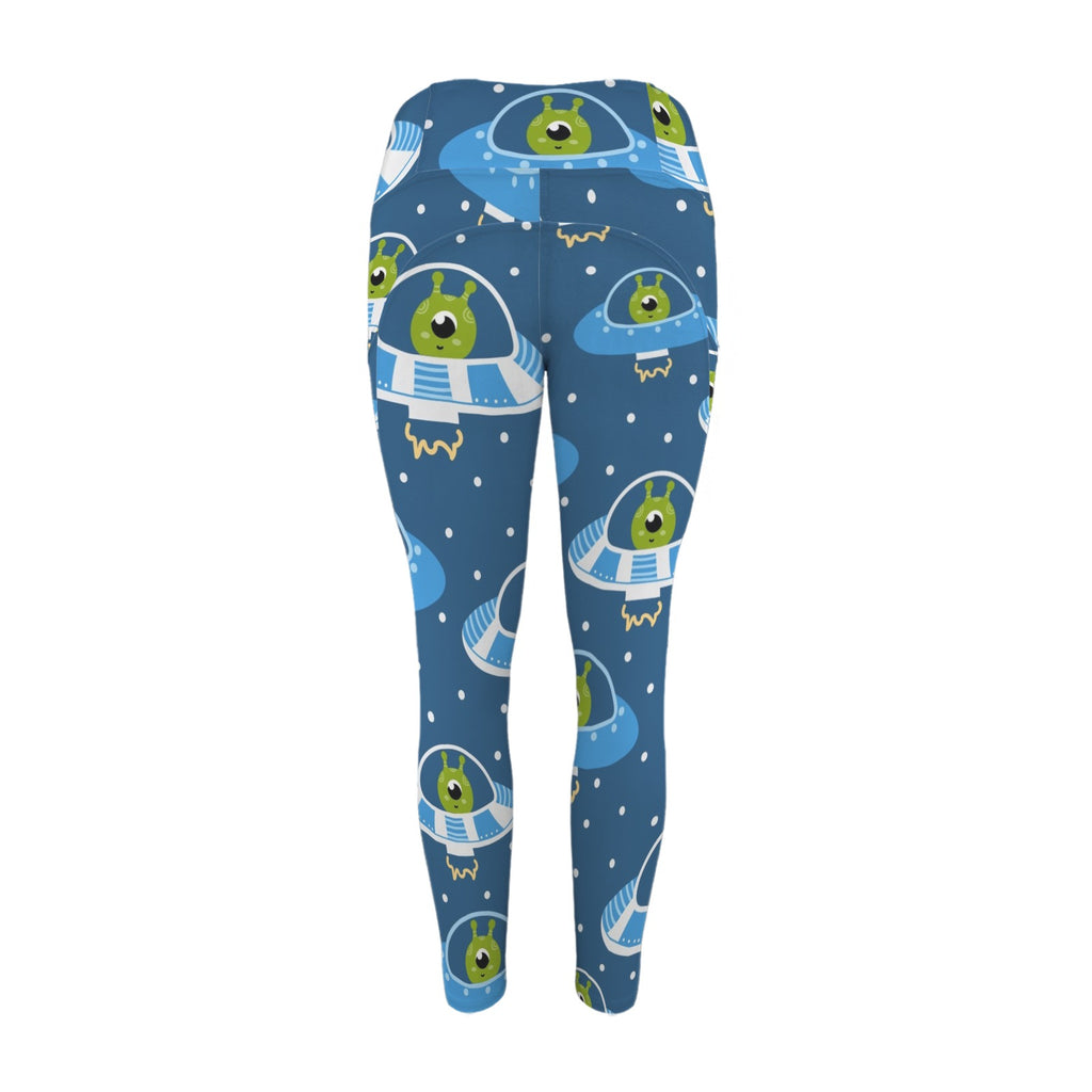 Cute Aliens in UFOs - Women's High Waist Pockets Yoga Leggings