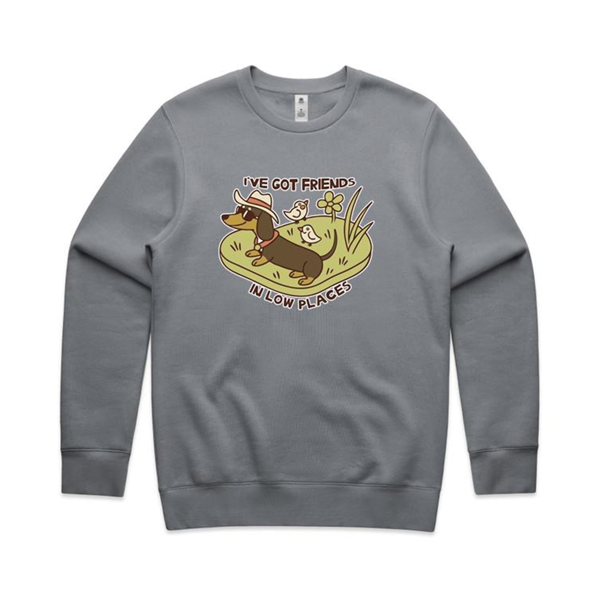 Dachshund, I've Got Friends In Low Places AS Colour Stencil Crew Sweatshirt Unisex Gravel Sweatshirt animal Printed In Australia