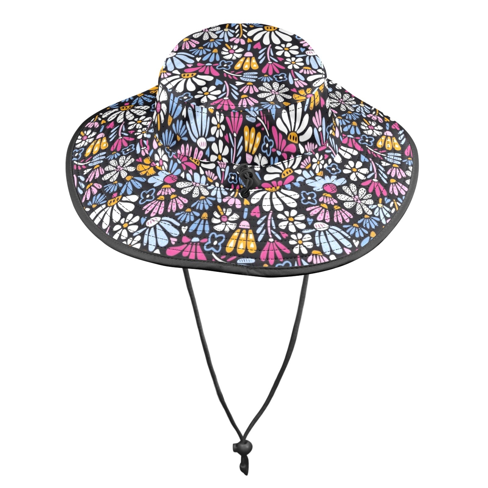 Graphic Flowers On Black Wide Brim Bucket Hat Wide Brim Bucket Hat Plants Printed Offshore