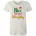 Nice Until Proven Naughty, Christmas - Womens T-shirt Natural Womens Christmas T-shirt Christmas Printed In Australia