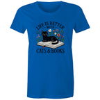 Life Is Better With Cats And Books - Womens T-shirt Bright Royal Womens T-shirt animal Printed In Australia Reading