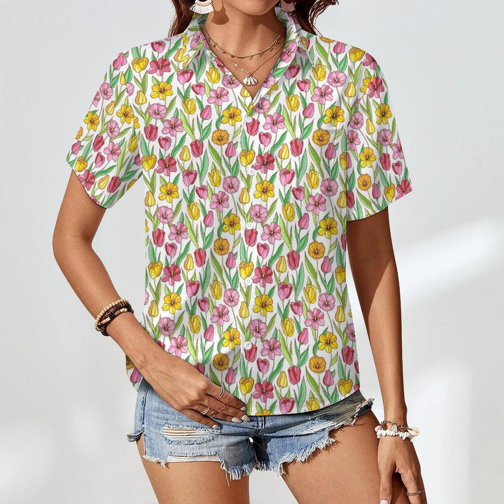 Pink And Yellow Floral Women's Short-Sleeve Button Up Shirt Women's Short-Sleeve Button Up Shirt Plants Printed Offshore