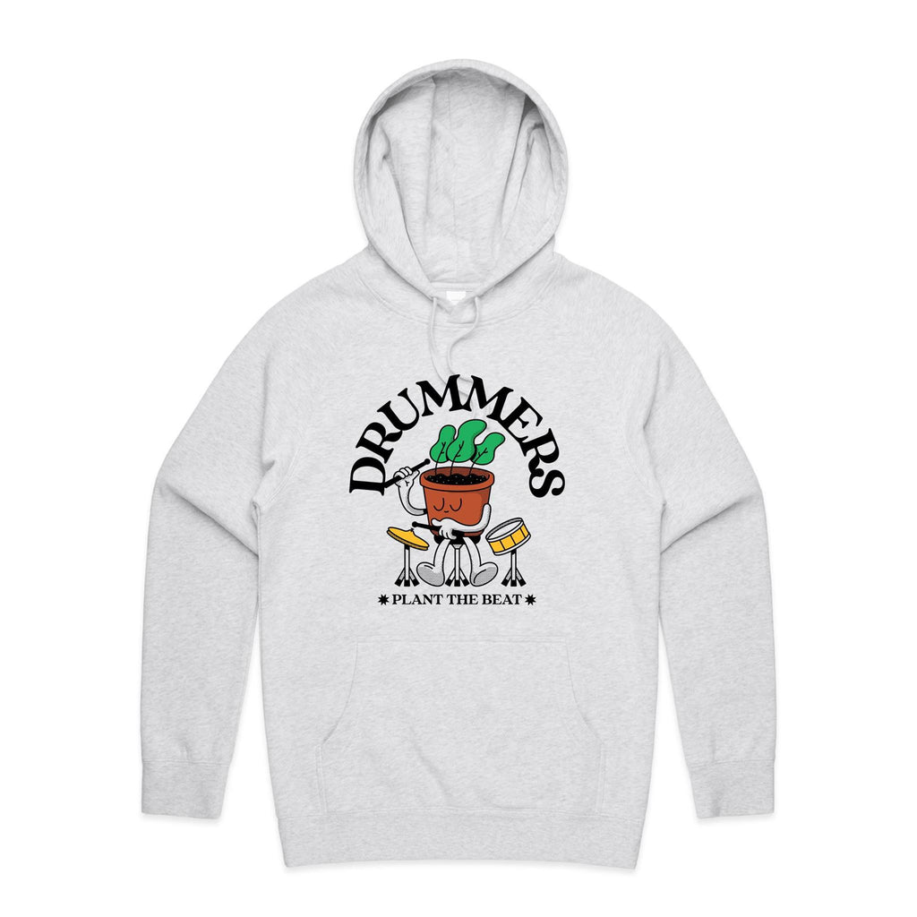 Drummers Plant The Beat - Mens Hoodie White Marle Mens Hoodie Music Printed In Australia