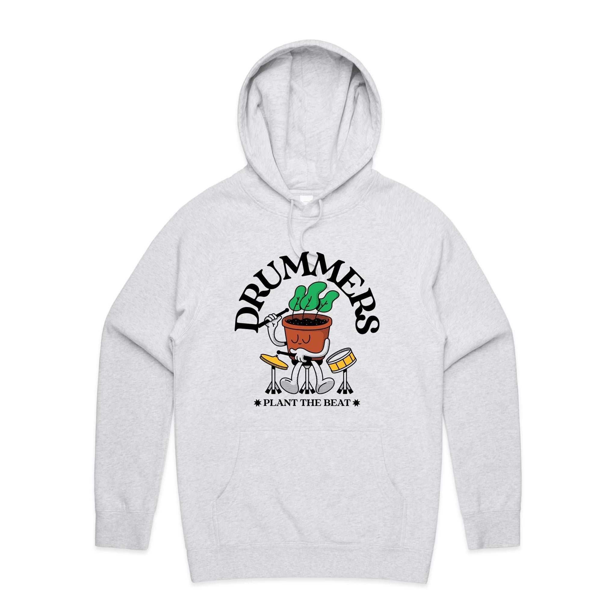 Drummers Plant The Beat - Mens Hoodie White Marle Mens Hoodie Music Printed In Australia
