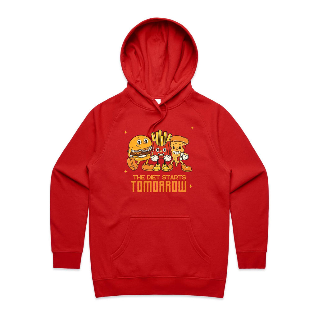 The Diet Starts Tomorrow, Hamburger, Fries, Pizza - Womens Hoodie Red Womens 2XL Womens Hoodie Food Printed In Australia