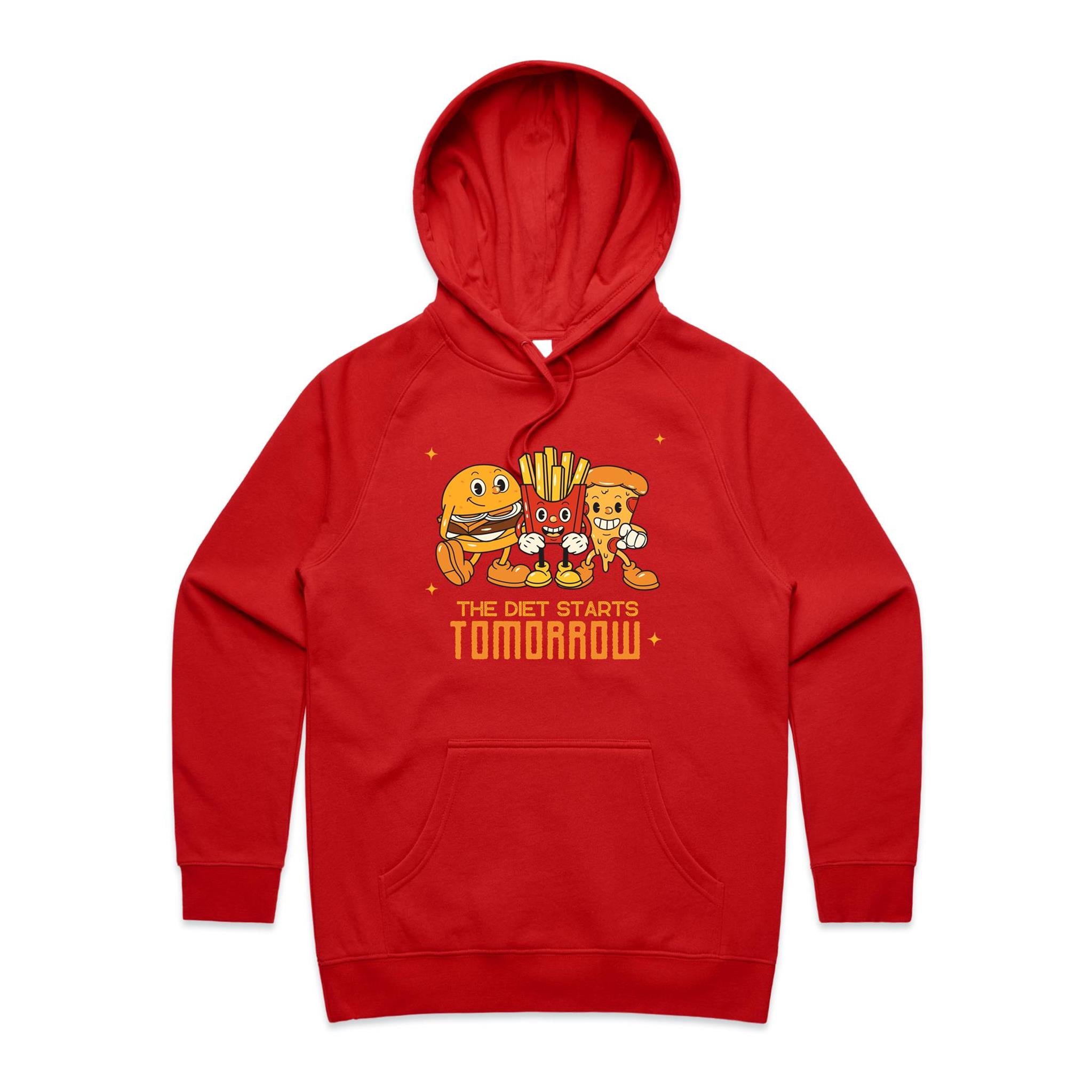 The Diet Starts Tomorrow, Hamburger, Fries, Pizza - Womens Hoodie Red Womens 2XL Womens Hoodie Food Printed In Australia