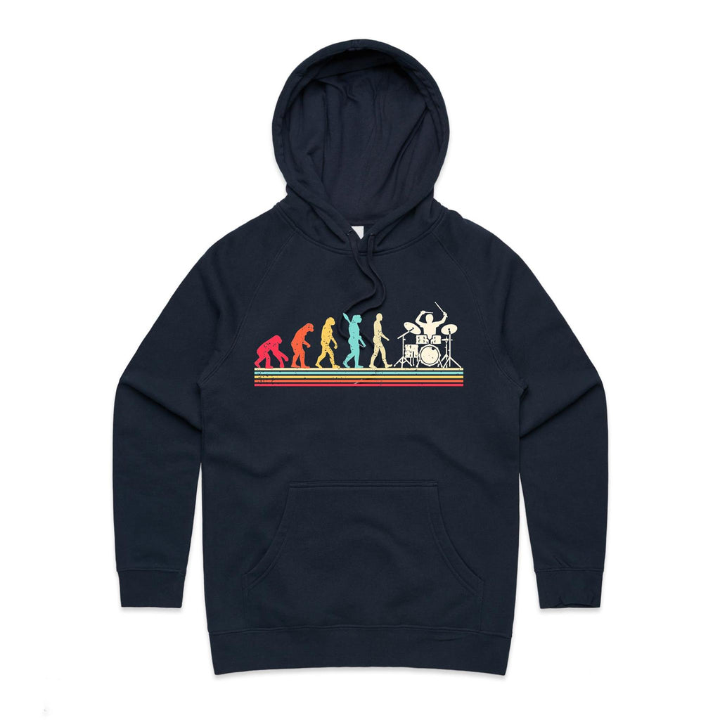 Drummer Evolution - Womens Hoodie Navy Womens Hoodie Music Printed In Australia