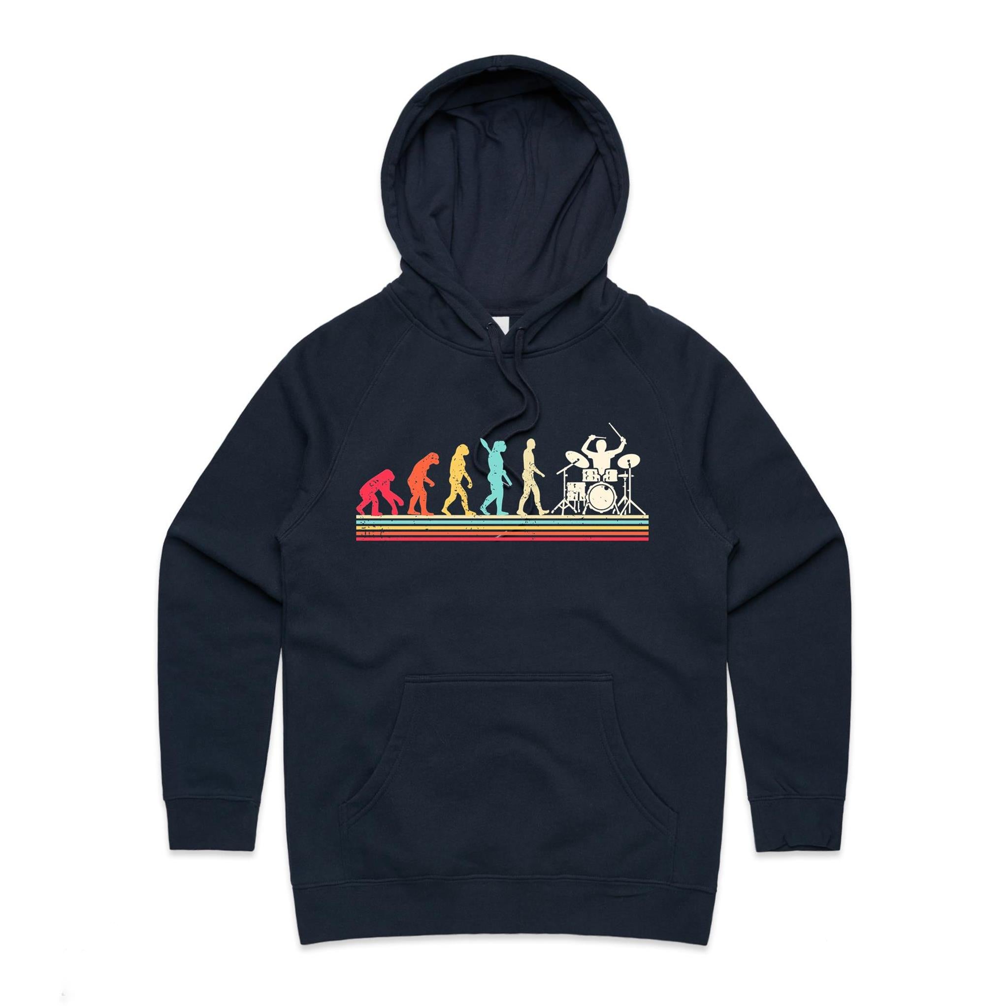 Drummer Evolution - Womens Hoodie Navy Womens Hoodie Music Printed In Australia
