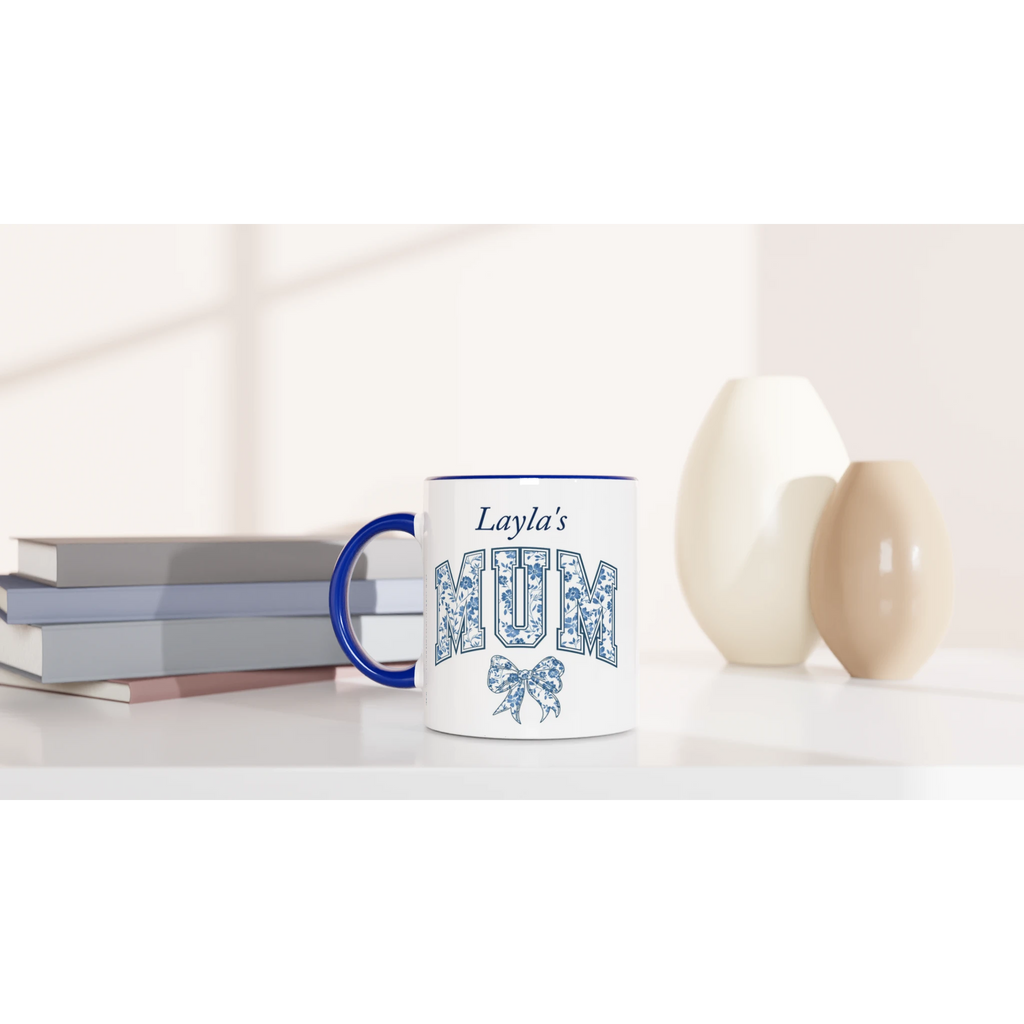 Personalise - Mum, Blue Floral - 11oz Ceramic Mug Personalised 11oz Mug customise Globally Fulfilled Mum Name personalise