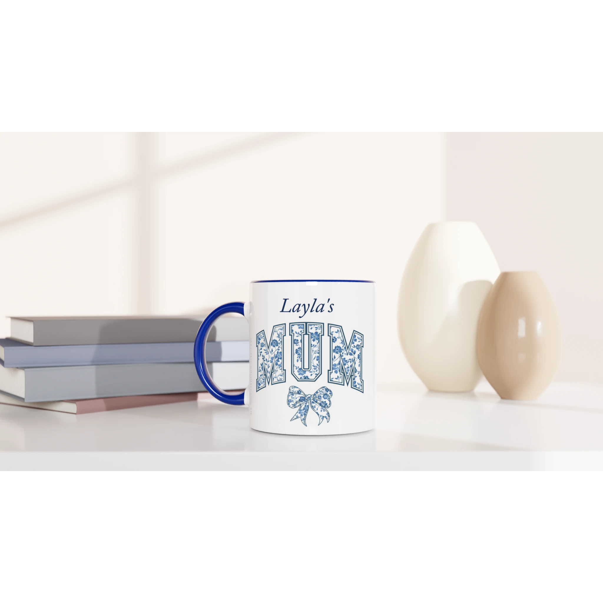 Personalise - Mum, Blue Floral - 11oz Ceramic Mug Personalised 11oz Mug customise Globally Fulfilled Mum Name personalise