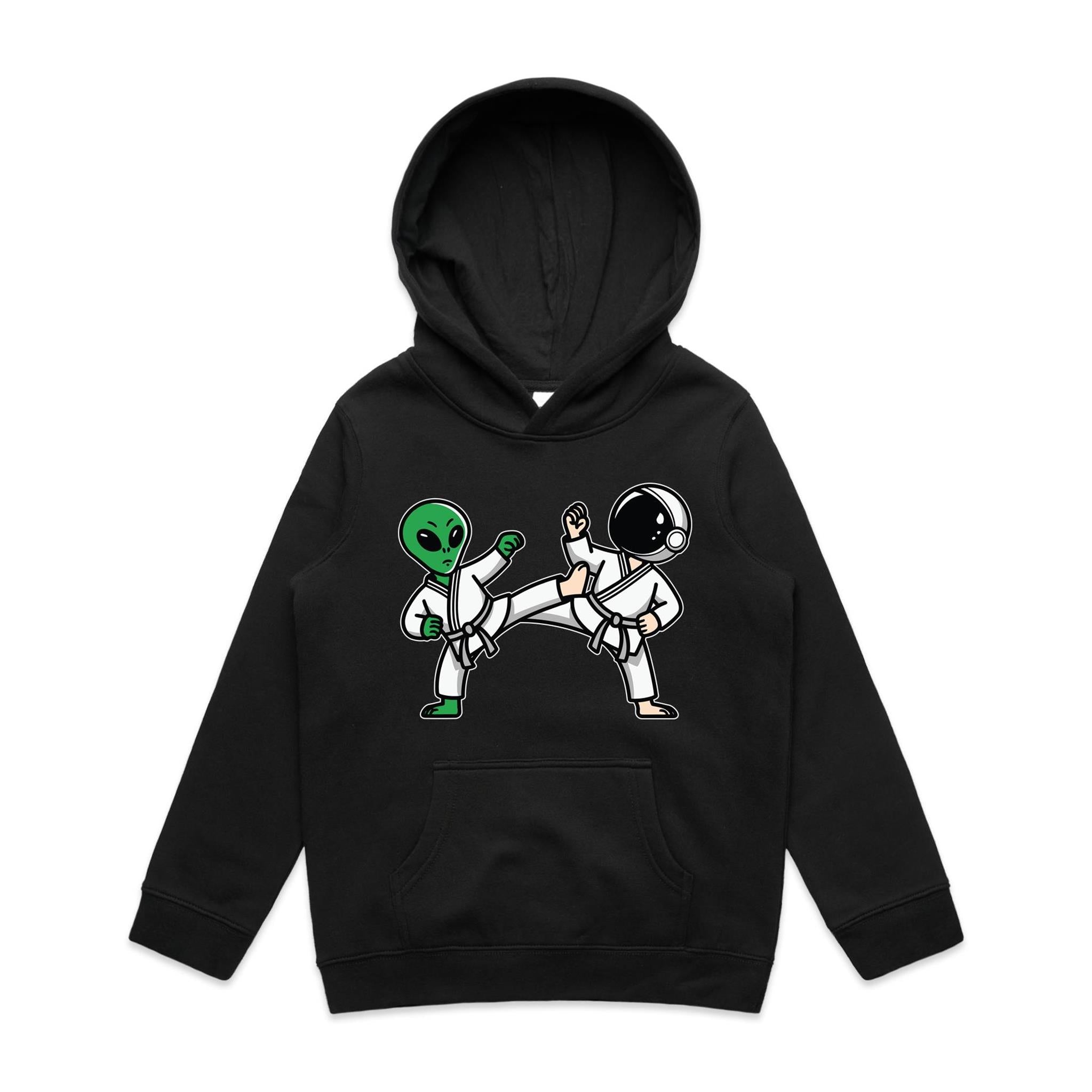 Alien And Astronaut Karate - Kids Hoodie Black Kids Hoodie Printed In Australia