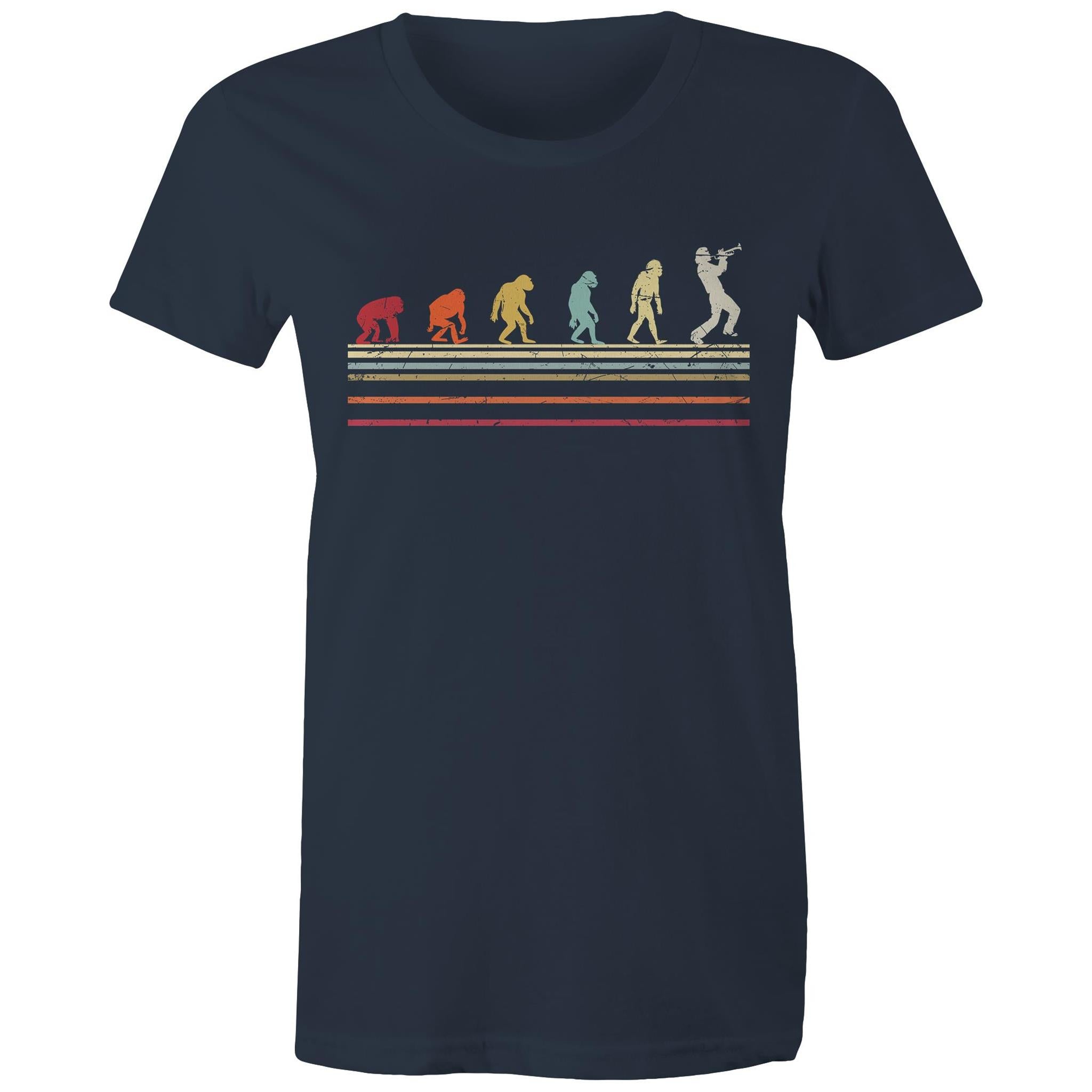 Trumpet Player Evolution - Womens T-shirt Navy Womens T-shirt Music Printed In Australia