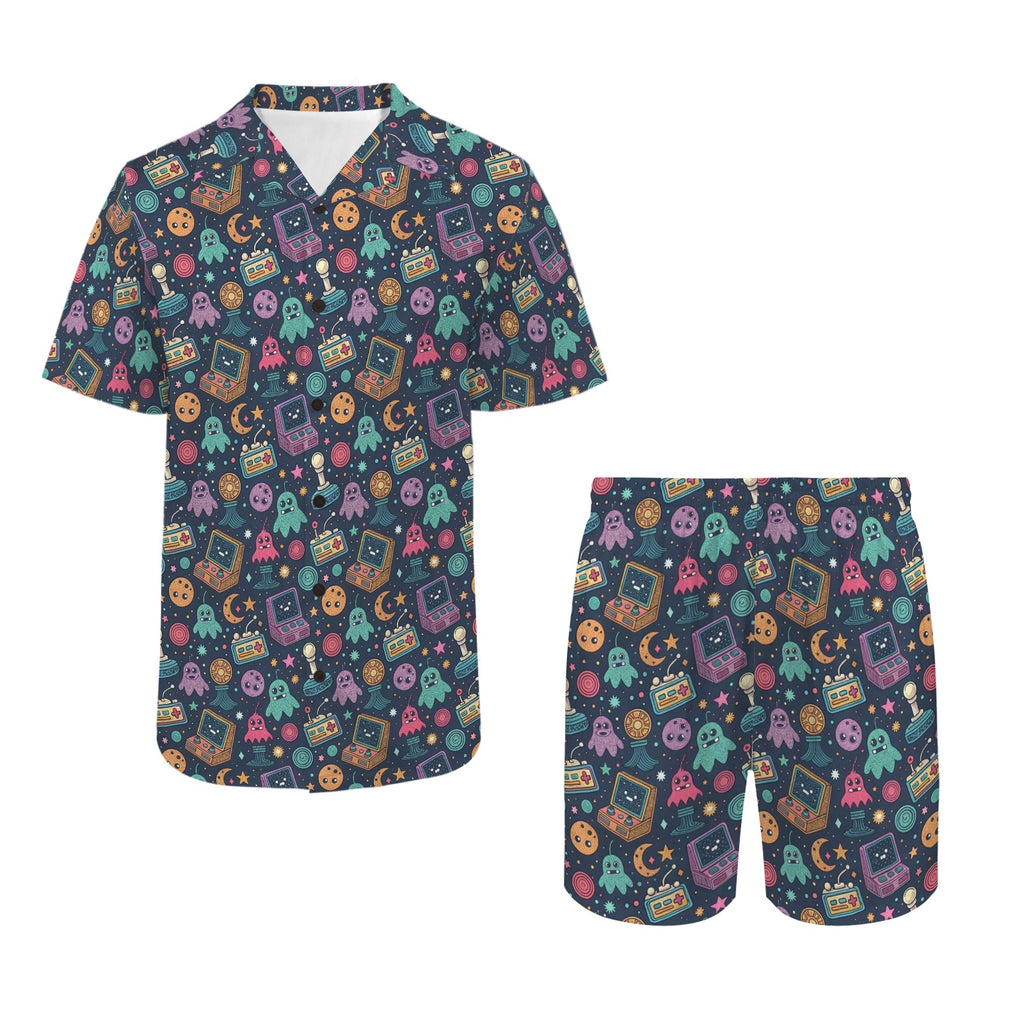 Space Arcade Men's Hawaiian Shirt & Shorts Set Men's Hawaiian Shirt & Shorts Set Games Printed Offshore Retro
