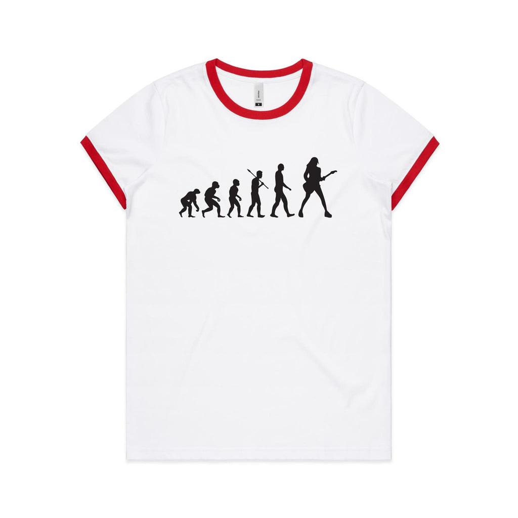 Evolution Of A Guitar Player - Women's Ringer Tee White Red Womens Ringer T-shirt Music Printed In Australia