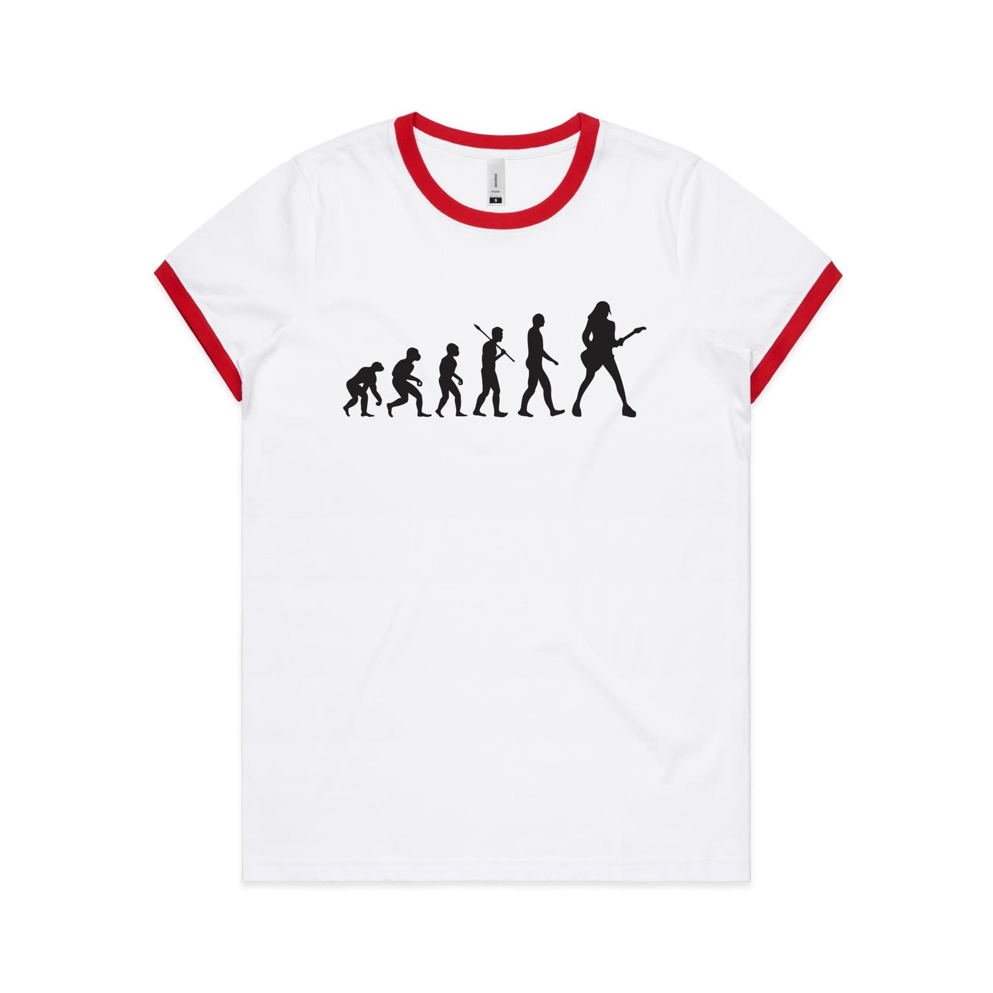 Evolution Of A Guitar Player - Women's Ringer Tee White Red Womens Ringer T-shirt Music Printed In Australia