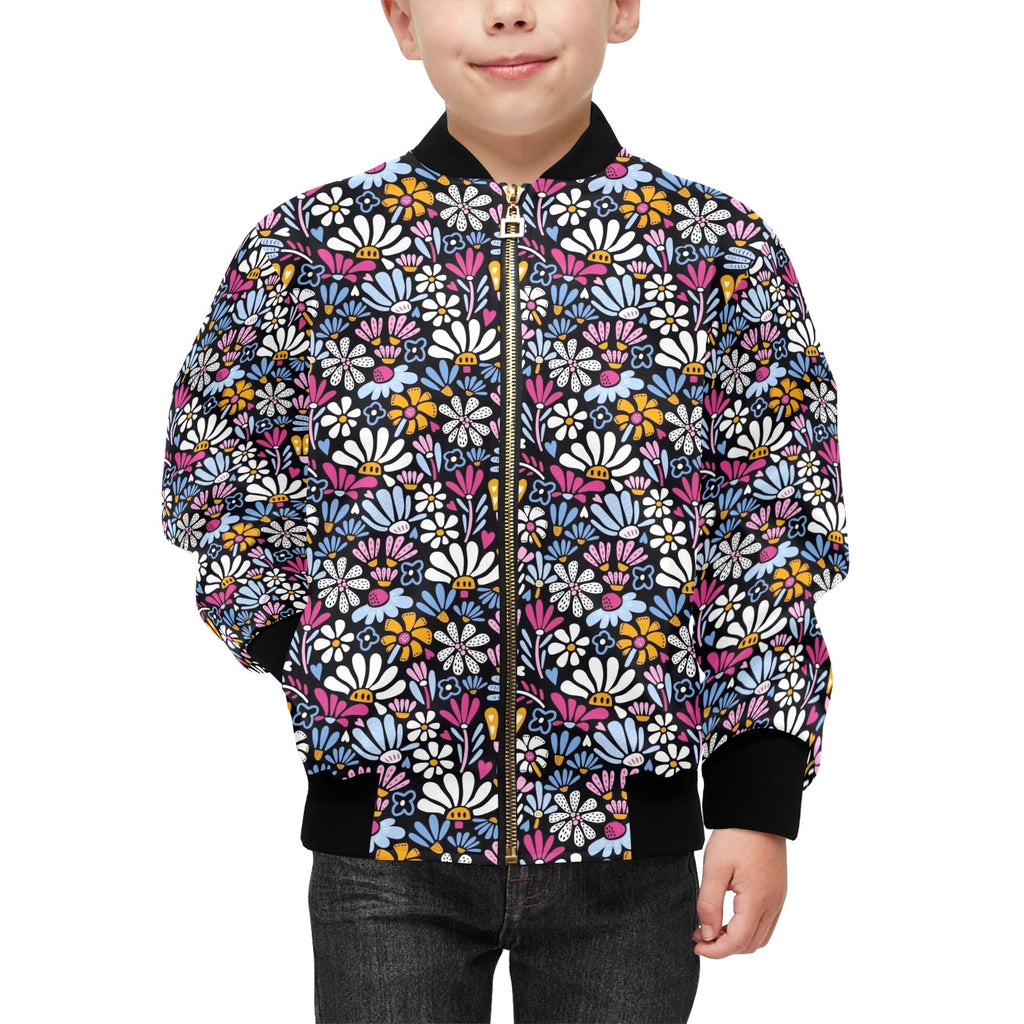 Graphic Flowers On Black Kids Bomber Jacket Kids Bomber Jacket Plants Printed Offshore