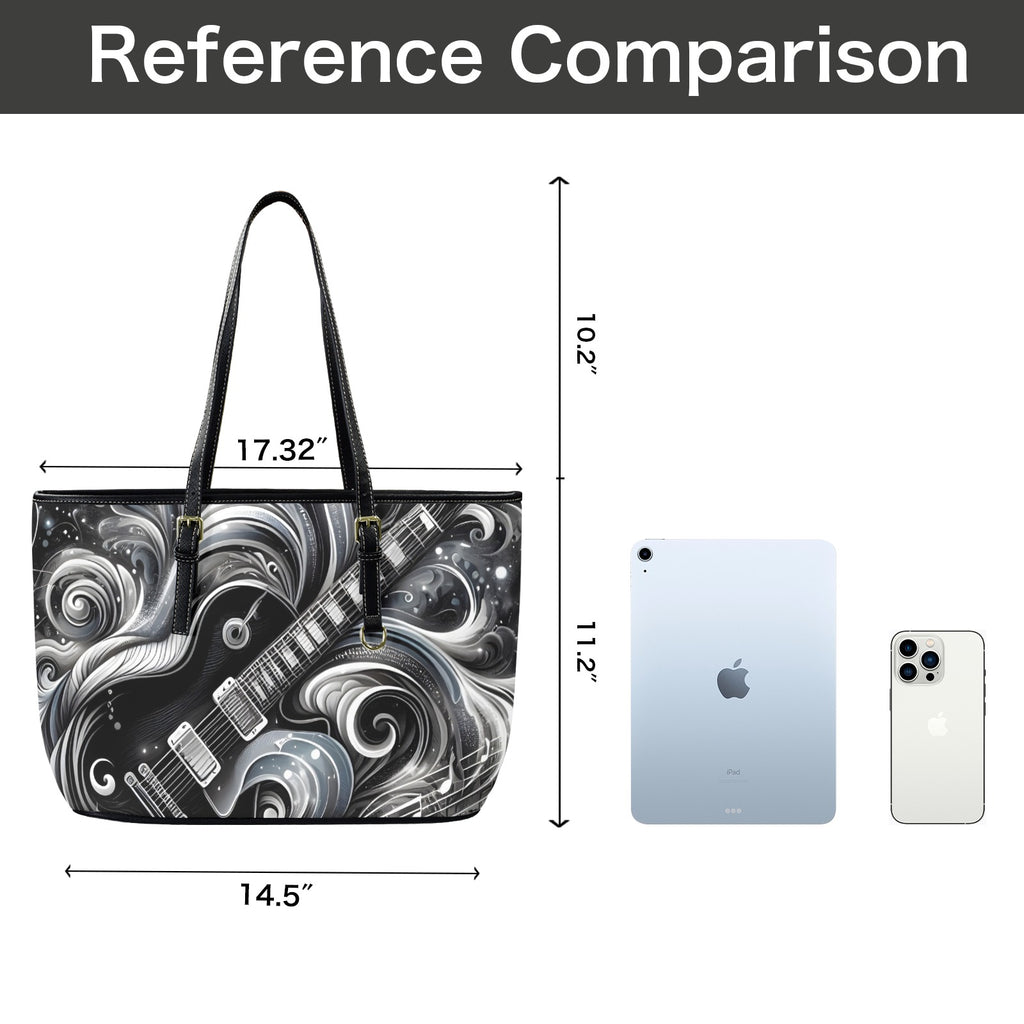 Guitar Black Swirl PU Leather Tote Bag Large Leather Tote Bag-Large Music Printed Offshore