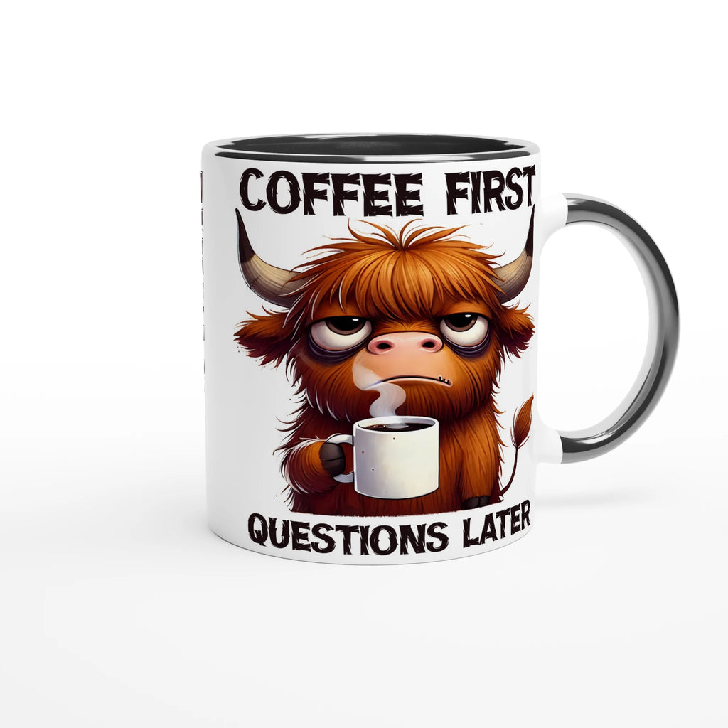 Personalise - Coffee First, Questions Later, Highland Cow - 11oz Ceramic Mug Personalised 11oz Mug animal Coffee Globally Fulfilled