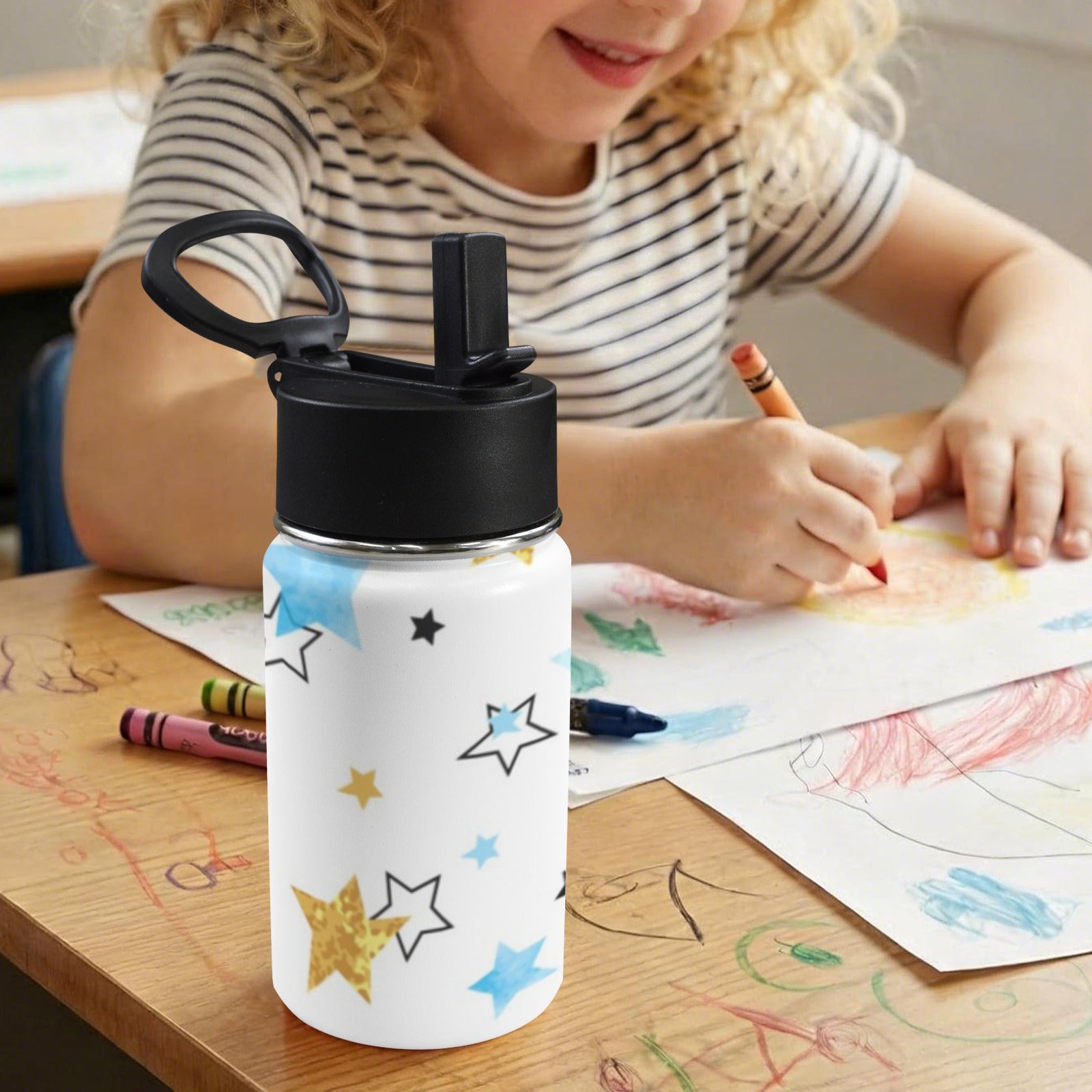 Stars In Blue And Gold 12oz Kids Water Bottle with Straw Lid