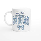Personalise - Mum, Blue Floral - 11oz Ceramic Mug Ceramic White Personalised 11oz Mug customise Globally Fulfilled Mum Name personalise