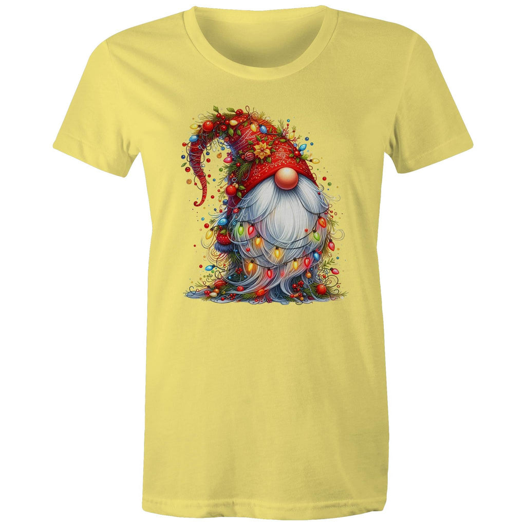 Christmas Gnome Wrapped In Lights - Womens T-shirt Yellow Womens Christmas T-shirt Christmas Printed In Australia