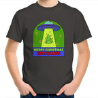 Merry Christmas Earthlings, UFO - Kids Youth T-Shirt Charcoal Kids Christmas T-shirt Christmas Printed In Australia