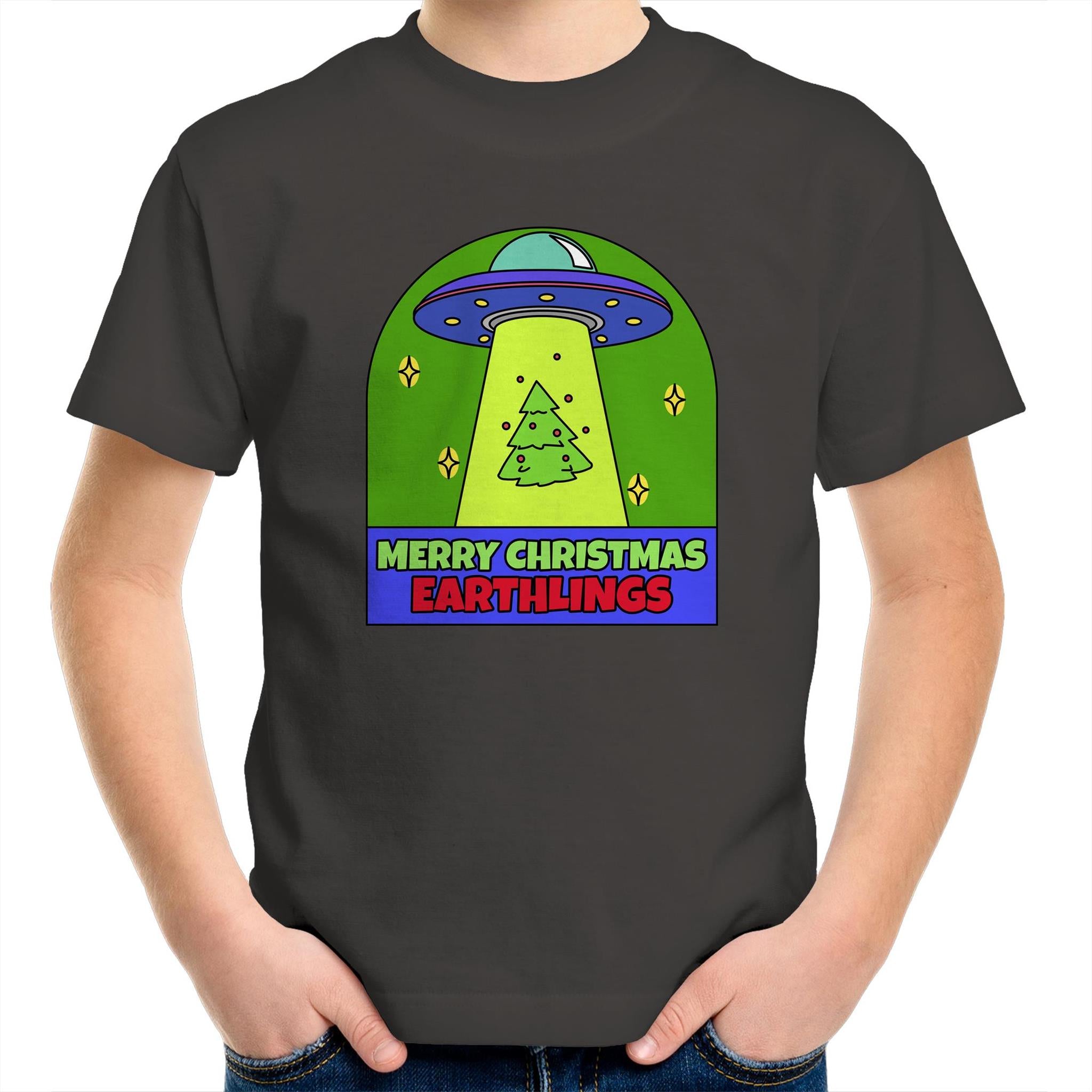 Merry Christmas Earthlings, UFO - Kids Youth T-Shirt Charcoal Kids Christmas T-shirt Christmas Printed In Australia