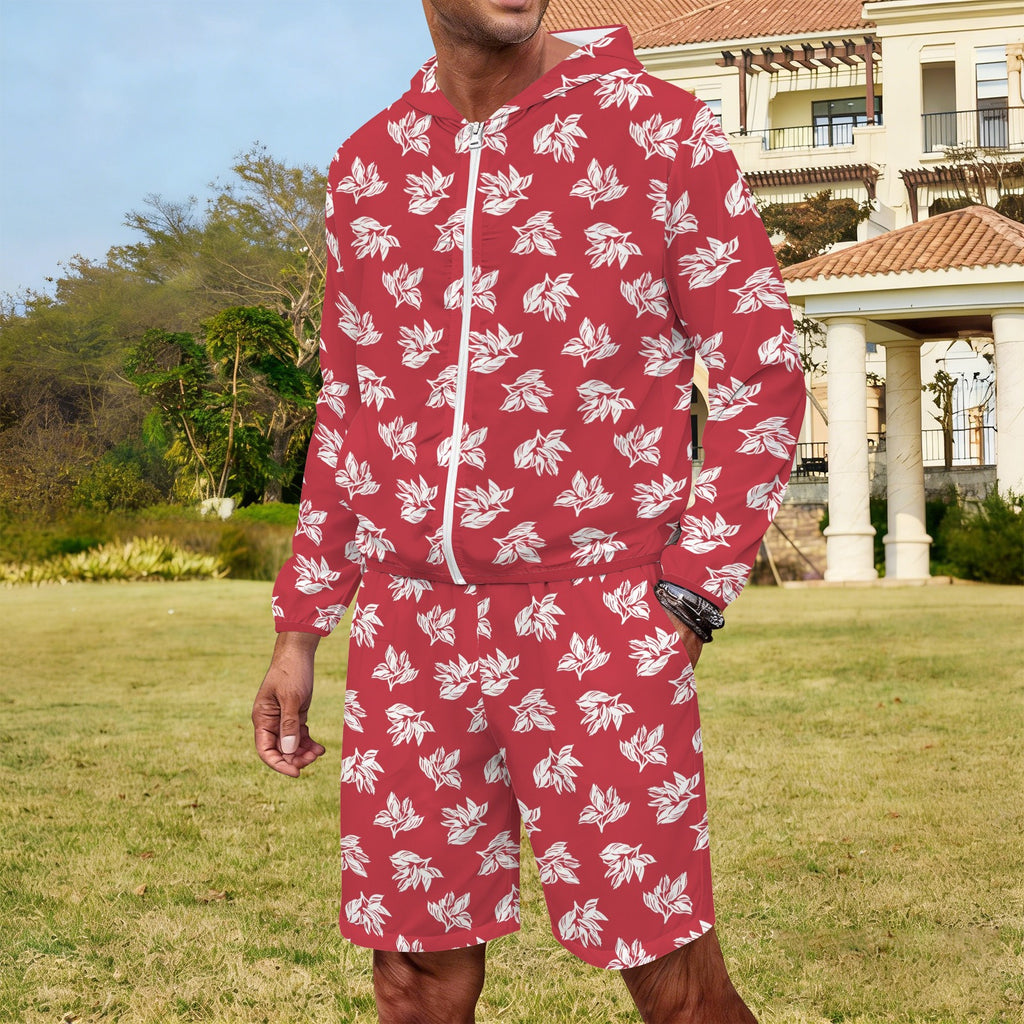 Red Retro Foliage Men's Lightweight Sun Hoodie & Shorts Set Men's Lightweight Sun Hoodie & Shorts Plants Printed Offshore