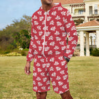 Red Retro Foliage Men's Lightweight Sun Hoodie & Shorts Set Men's Lightweight Sun Hoodie & Shorts Plants Printed Offshore