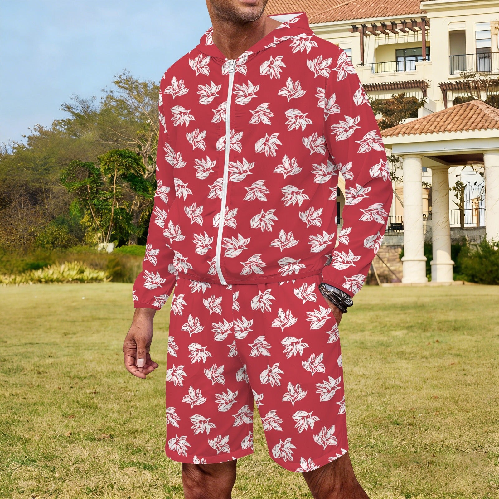 Red Retro Foliage Men's Lightweight Sun Hoodie & Shorts Set Men's Lightweight Sun Hoodie & Shorts Plants Printed Offshore