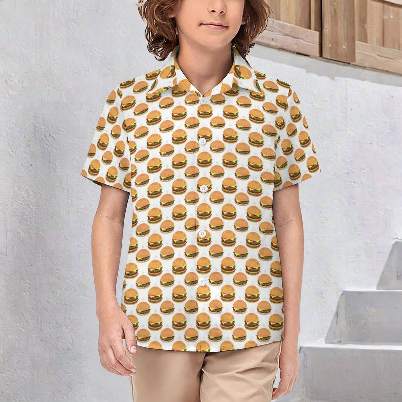 Hamburgers Kids Youth Short Sleeve Button Up Shirt