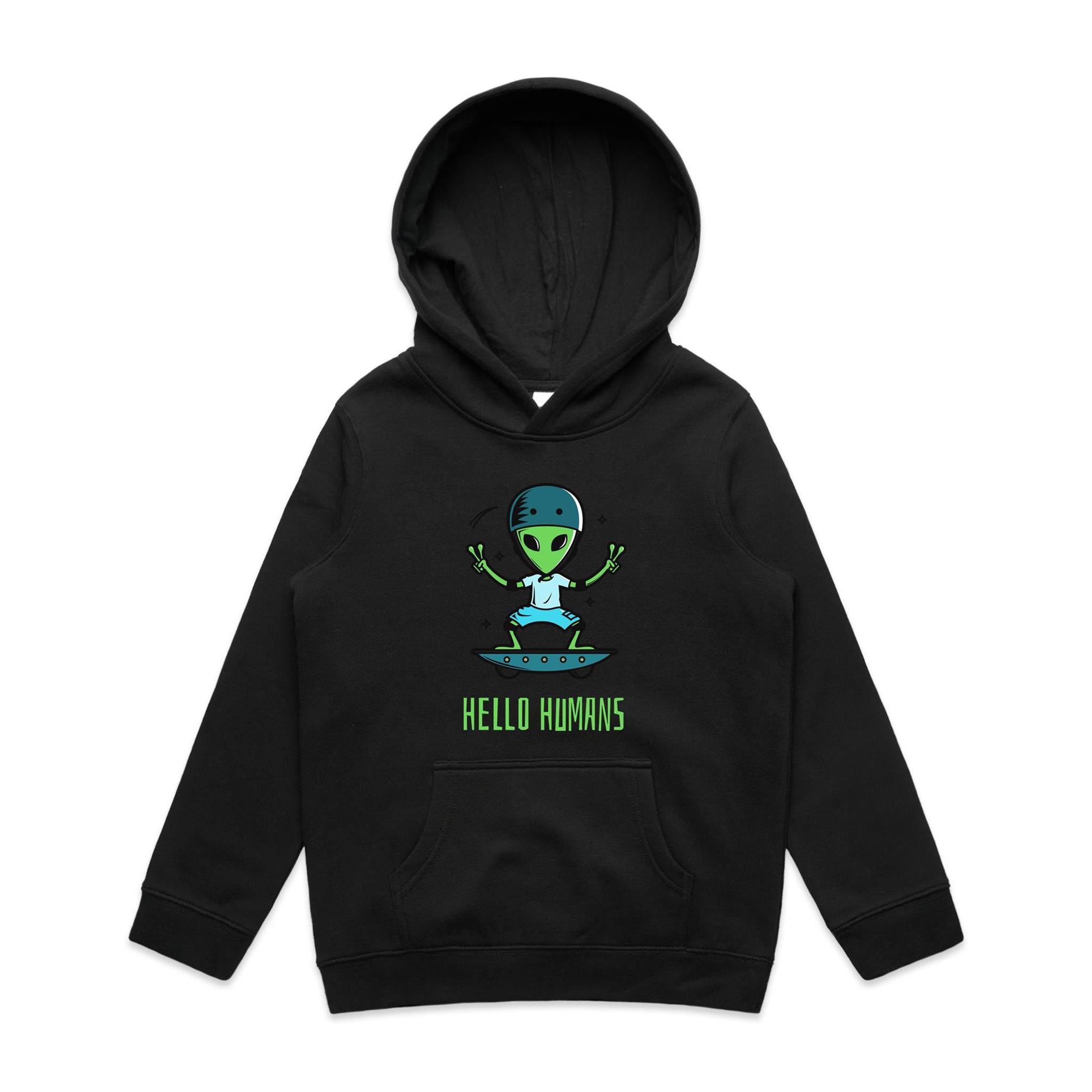 Alien Skate, Hello Humans - Kids Hoodie Black Kids Hoodie Printed In Australia