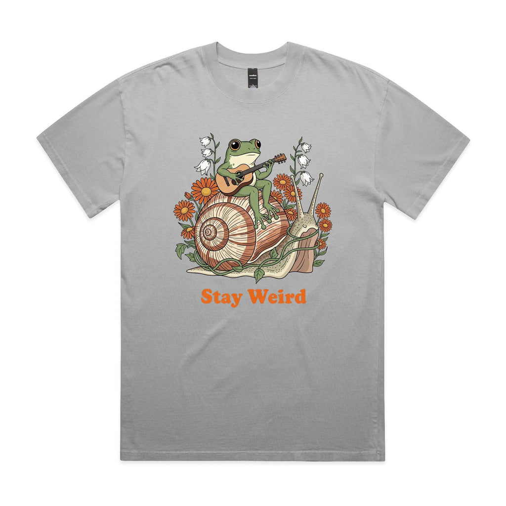 Stay Weird, Guitar Playing Frog On A Snail AS Colour Heavy Faded Tee Unisex Faded storm Heavy Faded T-shirt animal Music Printed In Australia