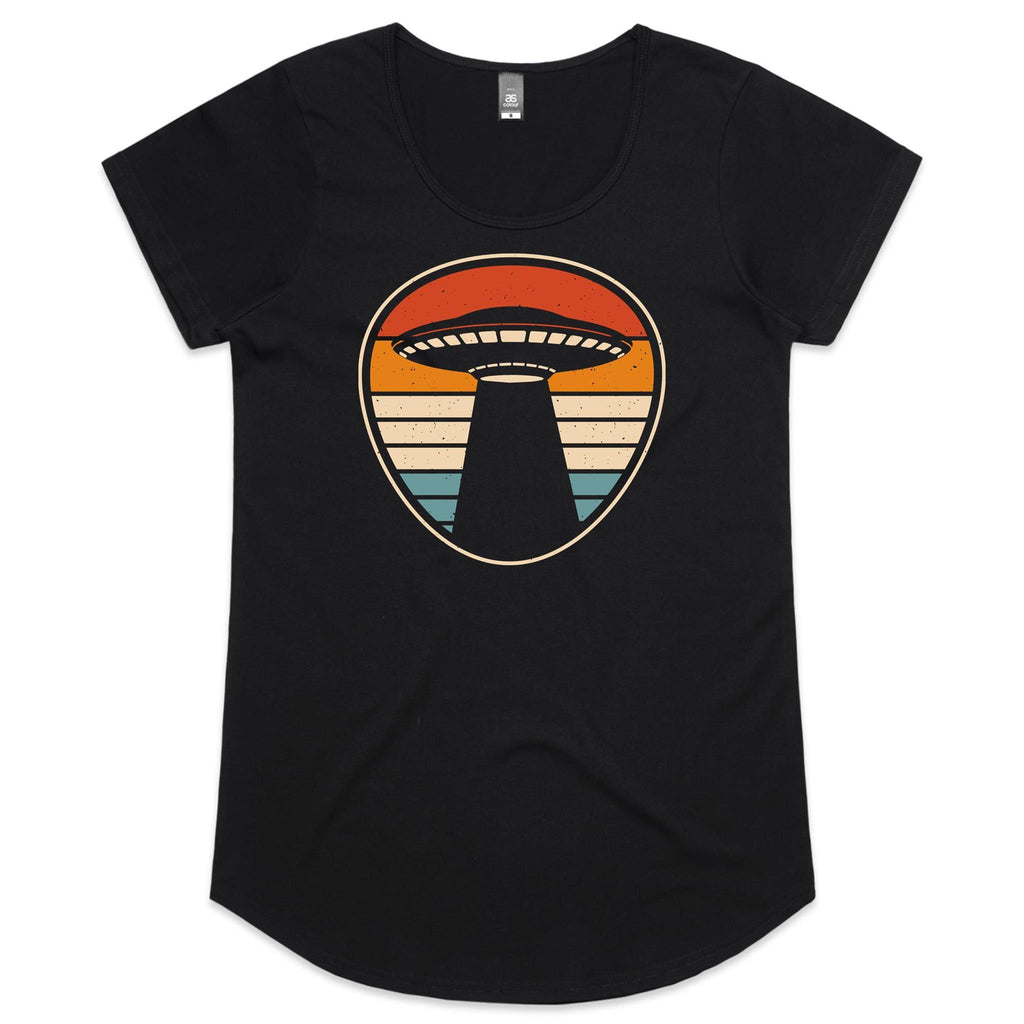 UFO, Retro Stripes - Womens Scoop Neck T-Shirt Black Womens Scoop Neck T-shirt Printed In Australia
