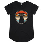 UFO, Retro Stripes - Womens Scoop Neck T-Shirt Black Womens Scoop Neck T-shirt Printed In Australia