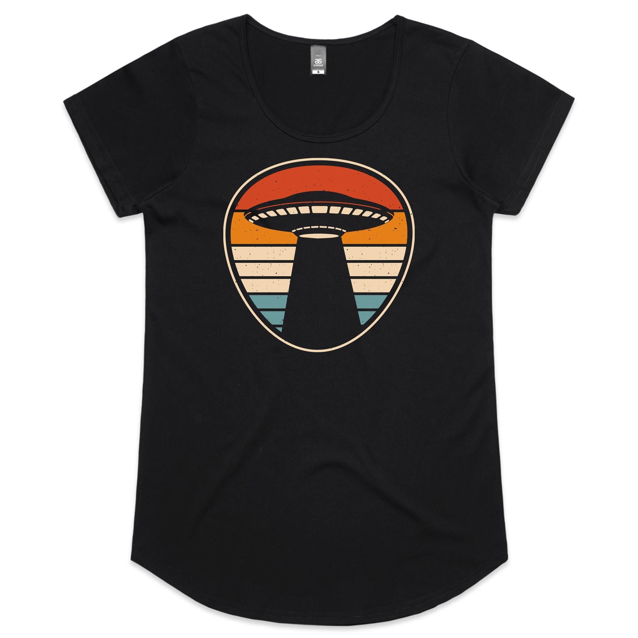 UFO, Retro Stripes - Womens Scoop Neck T-Shirt Black Womens Scoop Neck T-shirt Printed In Australia