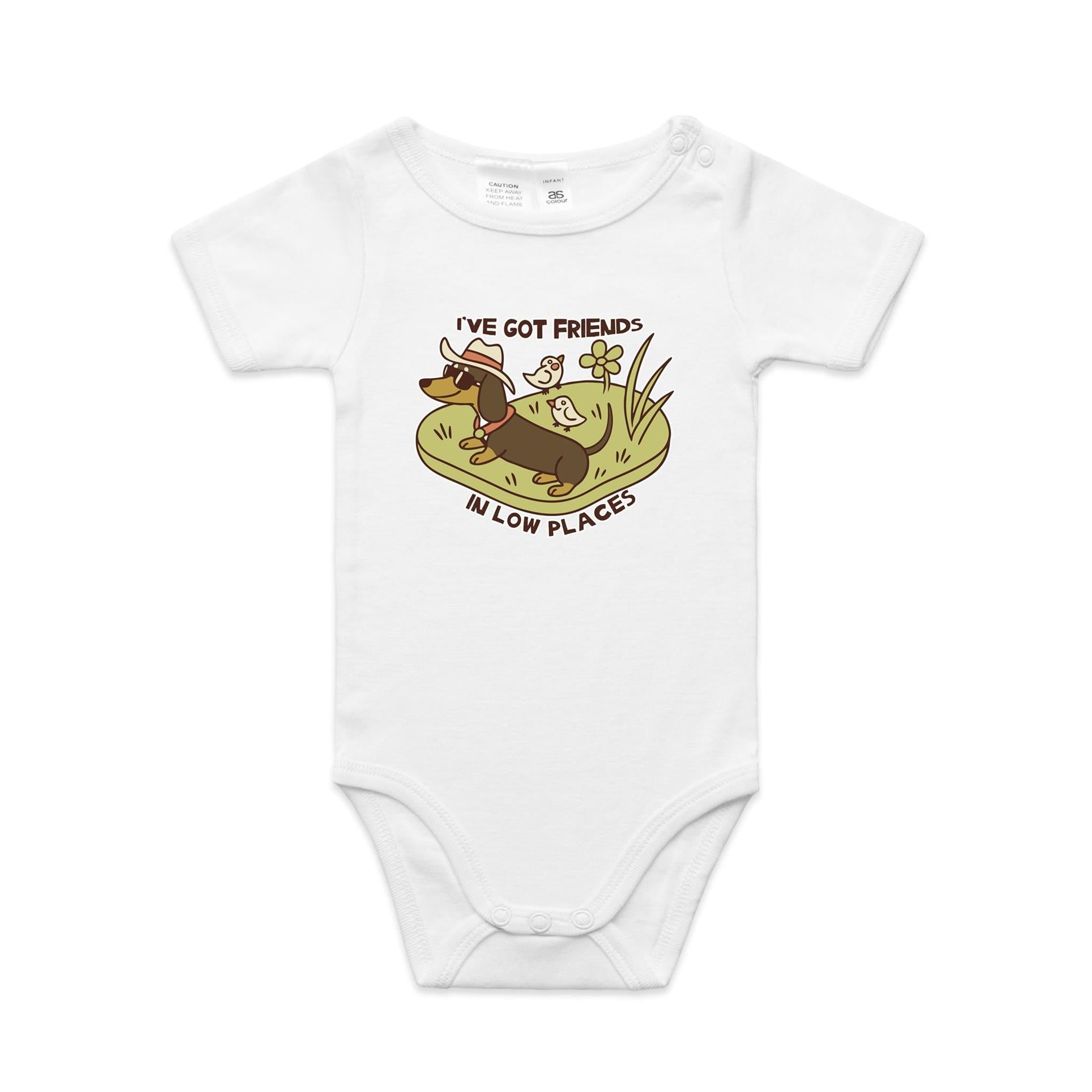 Dachshund, I've Got Friends In Low Places AS Colour Baby Bodysuit White Baby Bodysuit animal Printed In Australia