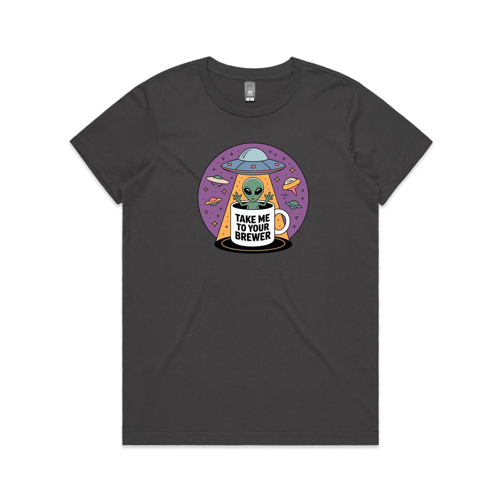 Coffee, Alien, UFO, Take Me To Your Brewer Women's AS Colour T-shirt Charcoal Womens T-shirt Coffee Printed In Australia Sci Fi