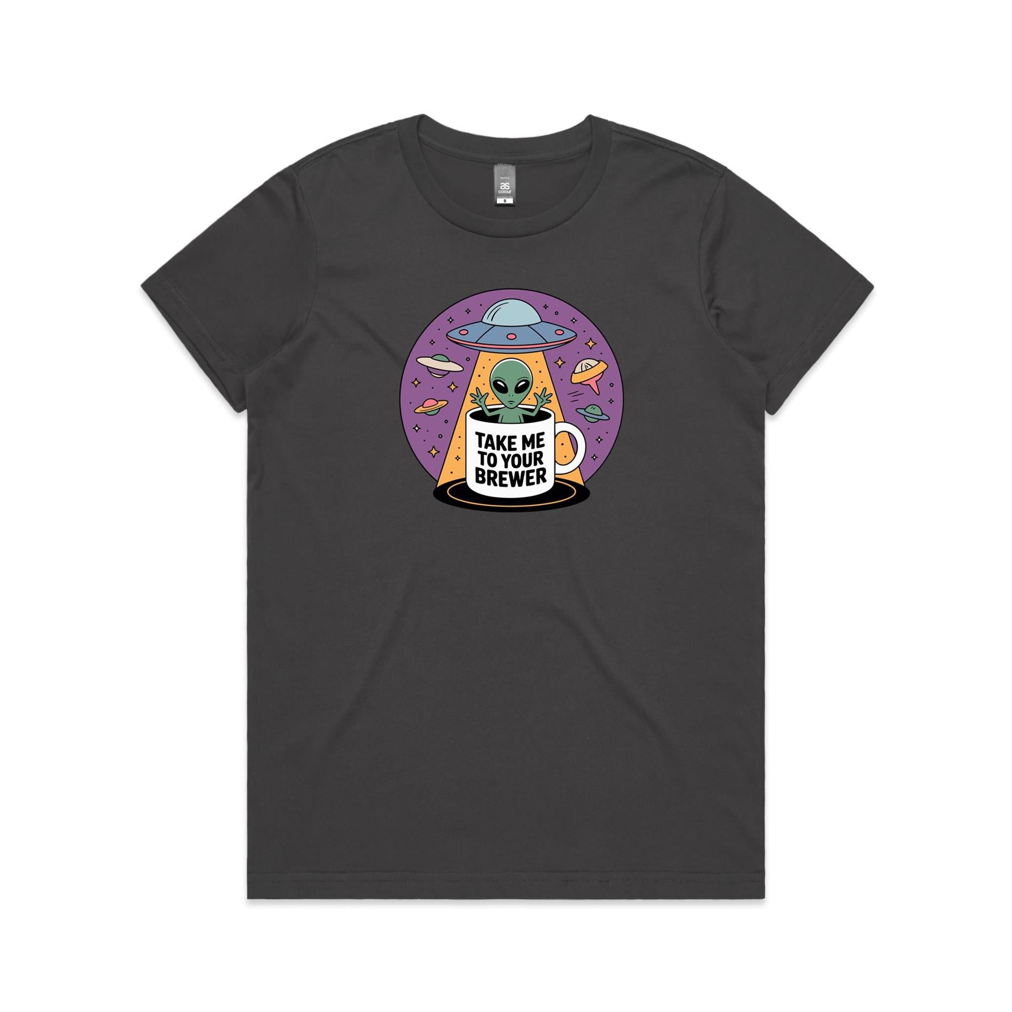 Coffee, Alien, UFO, Take Me To Your Brewer Women's AS Colour T-shirt Charcoal Womens T-shirt Coffee Printed In Australia Sci Fi