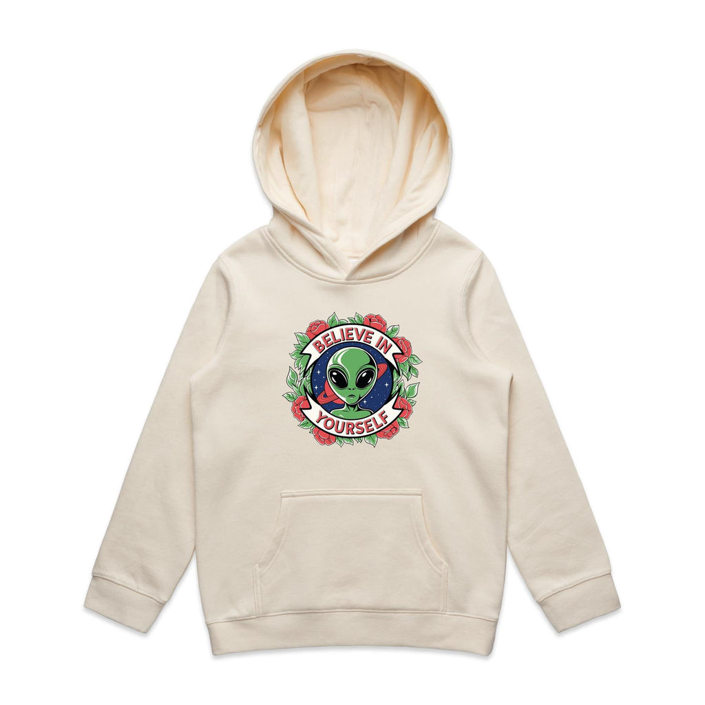 Believe In Yourself, Alien - Kids Hoodie Ecru Kids Hoodie Motivation Positivity Printed In Australia Sci Fi