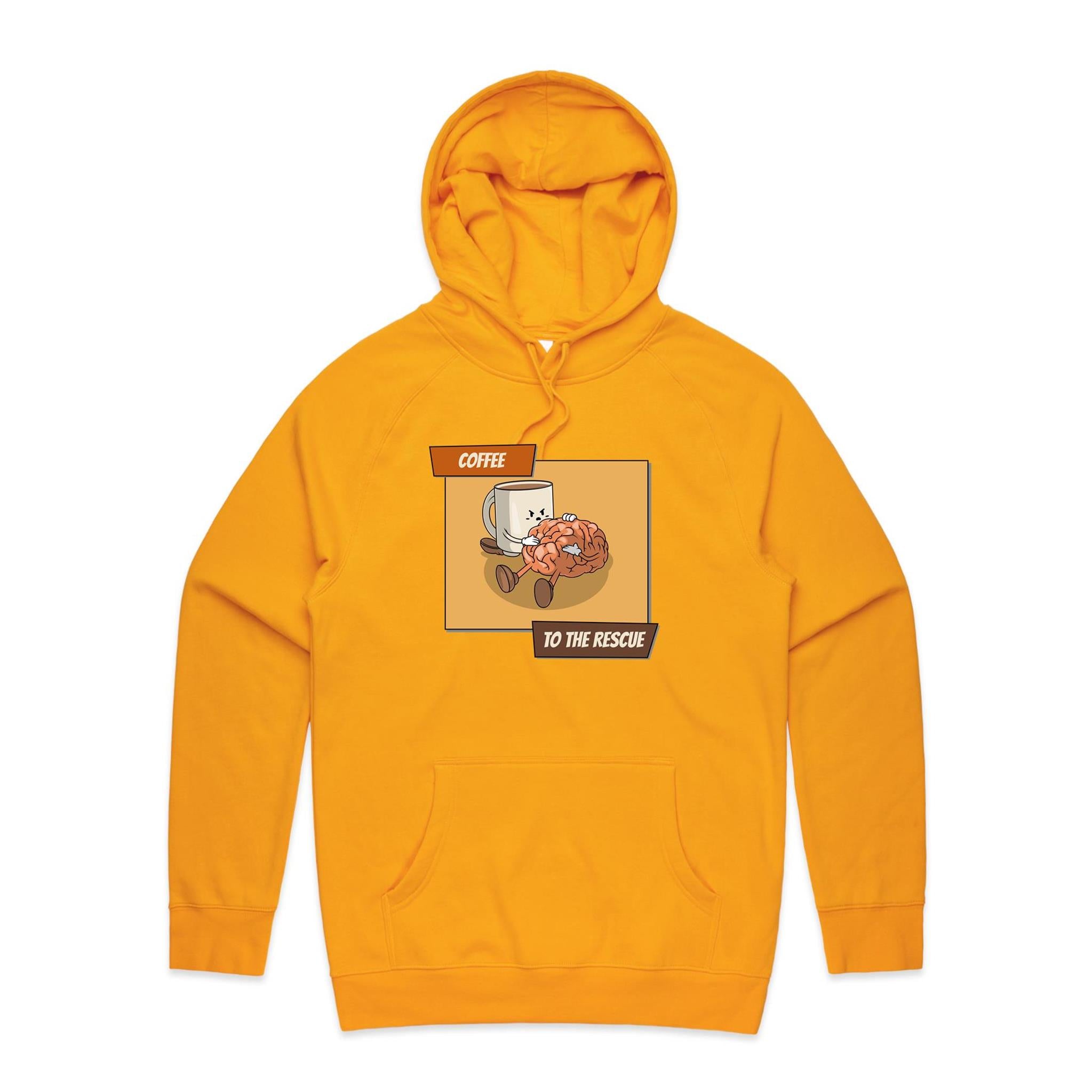 Coffee To The Rescue - Mens Hoodie Gold Mens Hoodie Coffee Printed In Australia