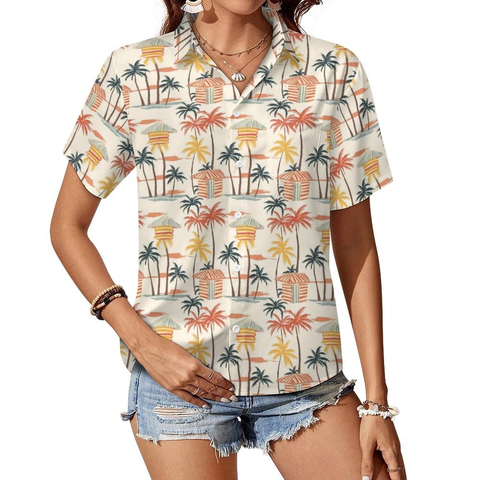 Beach Shack Women's Short-Sleeve Button Up Shirt white Women's Short-Sleeve Button Up Shirt Printed Offshore Surf