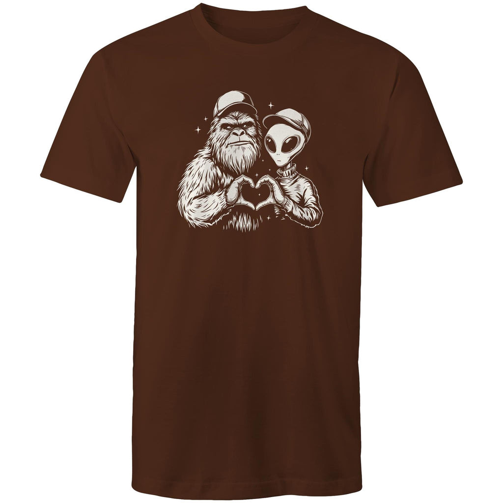 Alien Bigfoot Heart Hands - Mens T-Shirt Dark Chocolate Mens T-shirt Love Printed In Australia Sci Fi