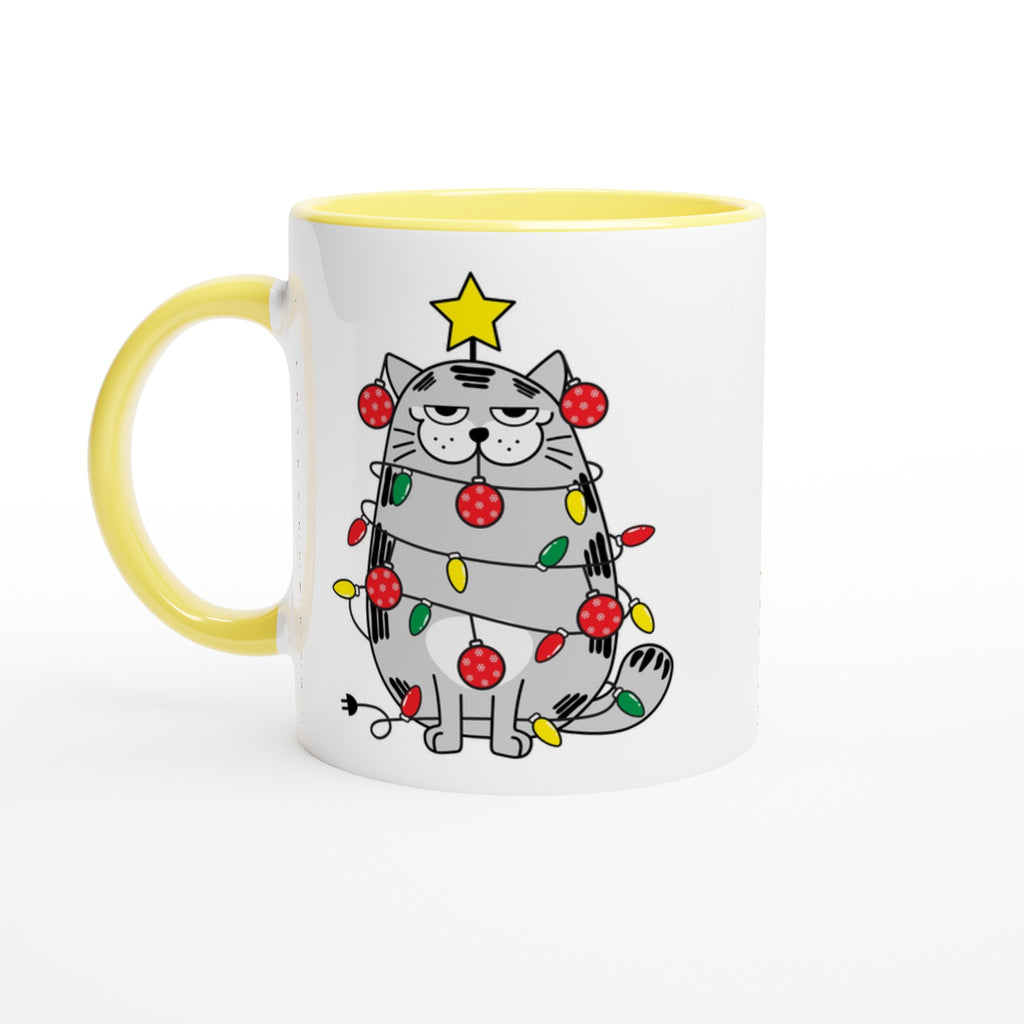 Christmas Cat - White 11oz Ceramic Mug with Colour Inside Ceramic Yellow Christmas Colour Mug Christmas Globally Fulfilled